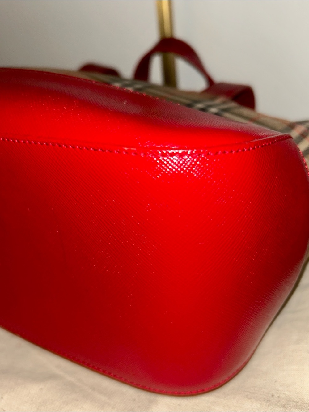 Burberry. Haymarket Check Canvas Tote Bag featuring vibrant red leather trim. - Picture 8 of 12